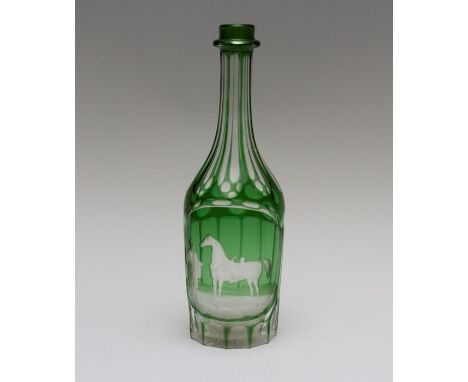 A 19th Century Bohemian green flashed baluster glass decanter, circa 1870, acid etched panel of a bearded gentleman with a ho