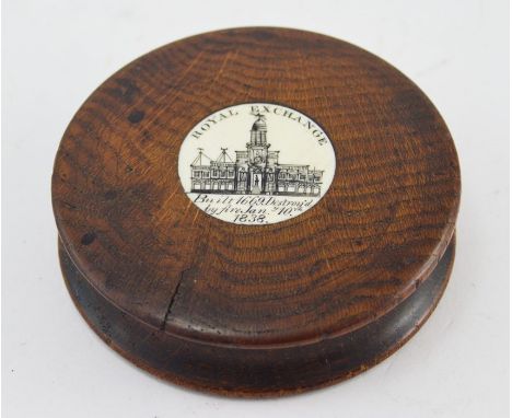 An early 19th Century turned oak souvenir snuff box, inlaid with ivory tablet commemorating The Royal Exchange with illustrat