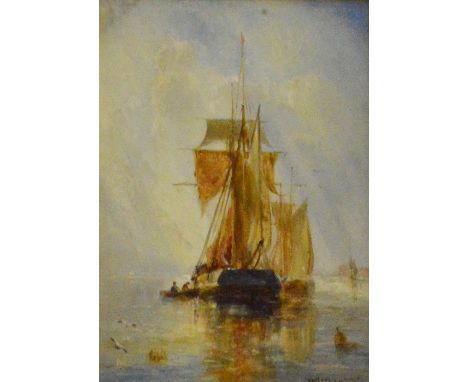 William Joseph Julius Caesar Bond (British, 1833-1926), a boat at anchor, signed and dated 87 l.r., oil on panel, 18 by 13cm,