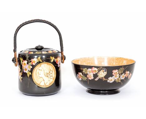 Two pieces of Bretby art pottery decorated with 'cloisonne' panels of birds on blossom branches, No. 2461 H and a similar bis