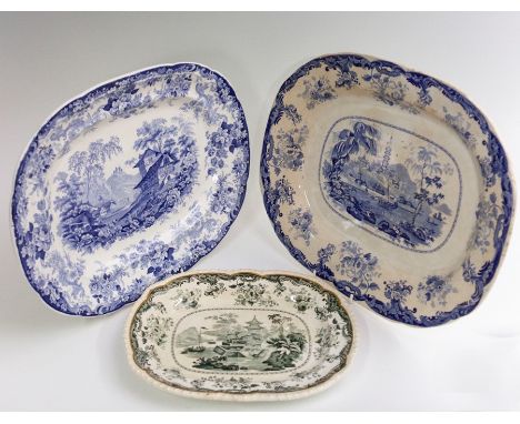 A group of early nineteenth century blue and white (one green and white) transfer printed platters, circa 1820-40. Included: 