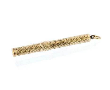 Sampson Mordan &amp; Co, a 9ct gold propelling pencil, London 1904, with engine turned detail decoration, top loop, length ap