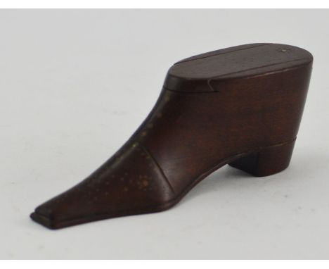 A mid 19th Century treen shoe snuff box, inlaid brass tack, sliding cover, width 10cm