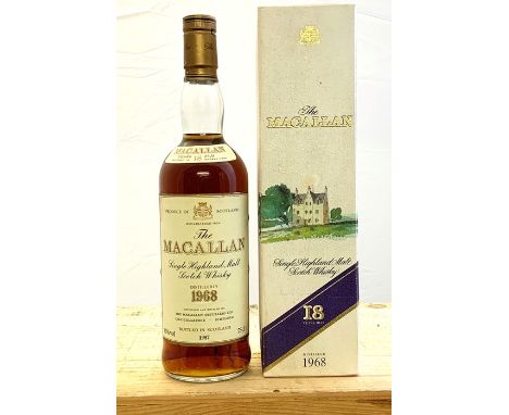 A rare and highly collectable bottle of Macallan Single Malt 18 years old Scotch Whisky. Distilled in 1968 and matured in she