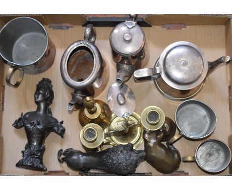 A collection of assorted metalwares, including spelter lion, silver plated tea pot and hot water jug, bust, measures, candela