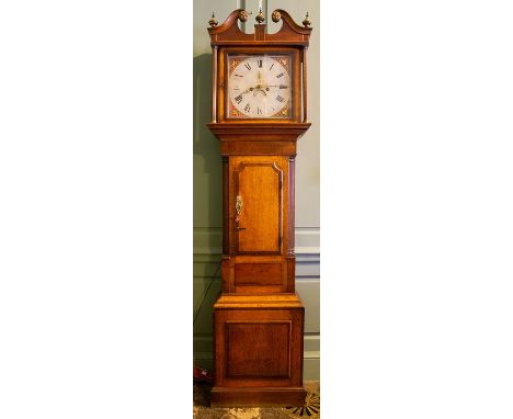 A George III oak and mahogany inlaid 8-day longcase clock, circa 1780, three turned globe shape brass finials, swan neck scro