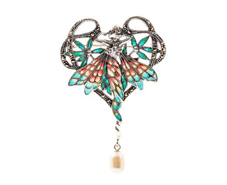 A silver plique a-jour enamel brooch/pendant in the form of a fairy/pixie, set with  marcasite and green and red enamel detai