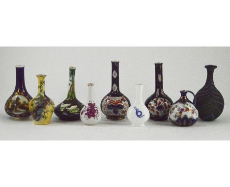 A collection of miniature bottleneck vases, by various factories, including one by Worcester Lock &amp; Co hand painted depic