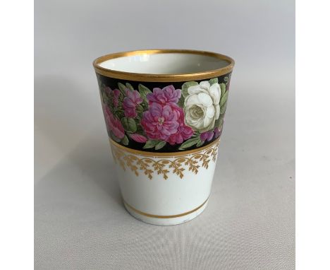 A Flight and Barr Worcester Lemonade Beaker, decorated with a black border over painted with an array of flowers and a gilt l
