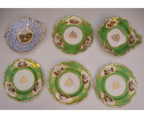 A group of mid nineteenth century hand painted porcelain dessert wares, circa 1830-50. Comprising: four dessert plates and a 