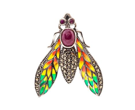 A silver plique a-jour enamel brooch/pendant in the form of a fly, cabochon set body and faceted ruby eyes, marcasite tail an