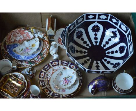 A collection of assorted Royal Crown Derby, including various plates, 2451 Imari pattern dishes, 1128 plain pattern octagonal