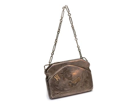 A Russian Moscow silver hinged purse, engraved Art Nouveau floral device and applied gold musical device and a winged vehicle
