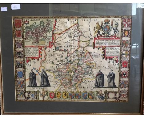 Speed, John. 17th-century map of Cambridgeshire, hand-coloured copper engraving on laid/chain-lined paper bearing manufacture