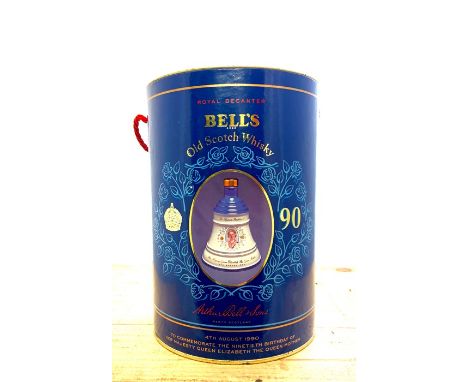 Three Bells Scotch Whisky decanters, celebrating the Queen Mother's 90th anniversary. In original tubes.