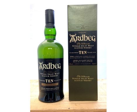 A bottle of 10 year old Ardbeg Single Island Malt Scotch Whisky. Region: SpeysideDistillery: ArdbegDistilled: Age: 10 yearsBo