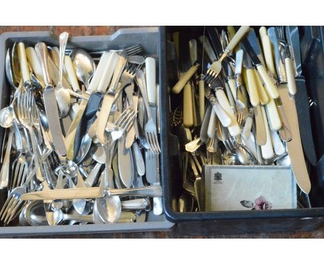 A large collection of assorted silver plated flatware, comprising various designs, mostly of recent manufacture (two boxes)