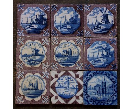 A group of eighteenth century Dutch tin-glazed delftware blue and white and manganese hand painted tiles, 1750. They are deco