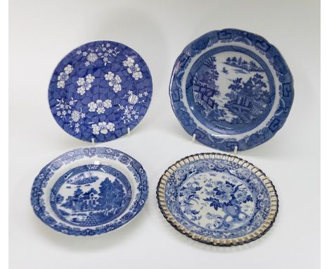 A group of four blue and white transfer printed blue and white plates, circa 1810-30. Included: A Davenport Chinoiserie Bridg