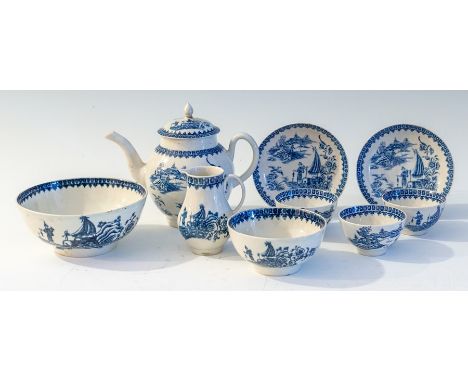 A group of eighteenth Century Caughley blue and white transfer printed tea wares, circa 1780. They all printed with the Fishe