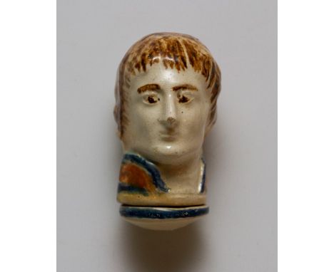 An early nineteenth pearlware, prattware snuff box and screw stopper moulded and modelled as Napoleon, c.1810-20. The moulded
