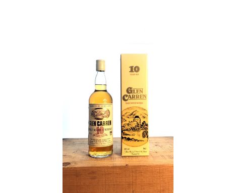 A bottle of Glen Carren 10 Year Old Pure Highland Malt Scotch Whisky, matured in Oak casks for ten years. In original carton.