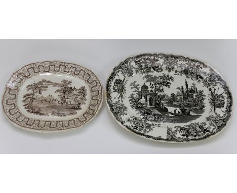 A group of mid nineteenth century transfer printed platters, circa 1830-40. Included: A large green printed moulded Dresden R