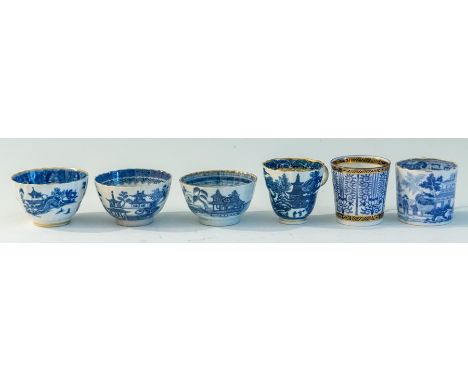 A group of late eighteenth, early nineteenth century blue and white transfer printed and hand-painted porcelain tea wares, c.