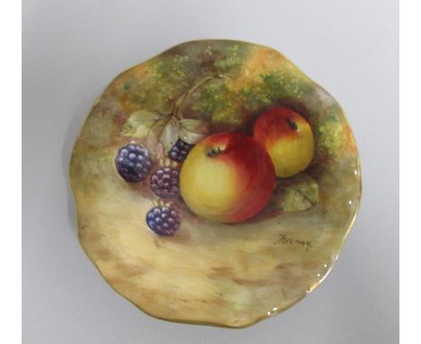 A Royal Worcester Pedestal Pin Dish , painted with fruit Signed by Freeman.Date: code 1938  Pink markSize: 10cm diameter, 3cm