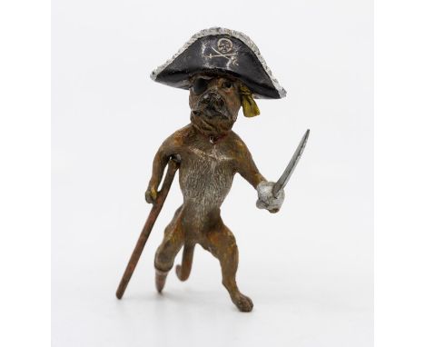 Franz Xaver Bergman (Austrian, 1861-1936), a cold painted bronze figure of a pug dog pirate, with tricorn hat, eye patch and 