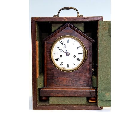 Barwise, London, a 19th Century rosewood bracket clock, of architectural form with a pitched roof, 9cm white enamel dial with