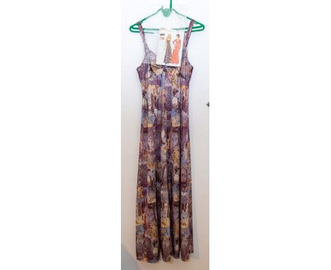 A "Wendy" acrylic black and orange lurex maxi dress, halter neck; a black maxi dress with orange flowers, border print, size 