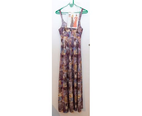 A "Wendy" acrylic black and orange lurex maxi dress, halter neck; a black maxi dress with orange flowers, border print, size 