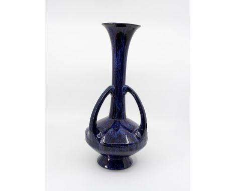 A Bretby Art Pottery triple handled blue drip glaze vase, in the manner of Christopher Dresser, No.1558C, height 33cm (1)Cond