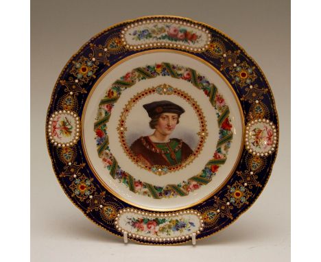 A mid-nineteenth century Sevres-style shaped circular porcelain plate, decorated with a portrait panel of Charles VIII, withi