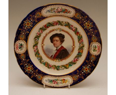 A mid-nineteenth century Sevres-style shaped circular porcelain plate, decorated with a portrait panel of J Reynolds, within 