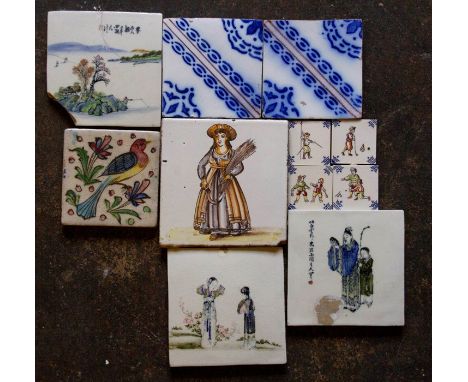Three late nineteenth century Canton tiles, circa 1880 decorated with Chinese scenes. Also included are eight modern tiles. C