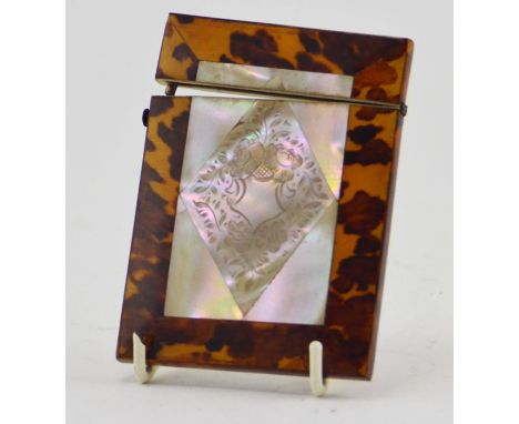 A 19th Century tortoiseshell calling card case, of rectangular form, central inset mother of pearl panels, 10cm by 8cm