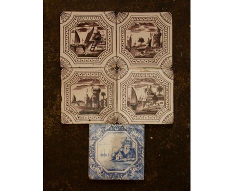 A group of three eighteenth century English tin-glazed delftware manganese hand painted tiles, 1750-70. They are decorated wi