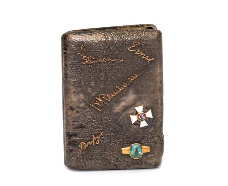 A Russian Moscow silver pocket cigarette case, textured exterior with applied names, enamel cross and semi-precious stone but