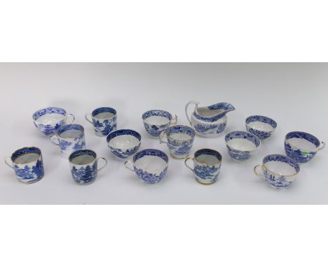 A large group of early nineteenth century blue and white transfer printed Broseley pattern tea wares, circa 1810-20. Comprisi