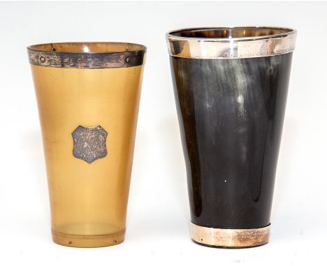 A George IV silver mounted horn beaker, the mounts Birmingham 1921, height 13cm, and another with unmarked mounts and cartouc