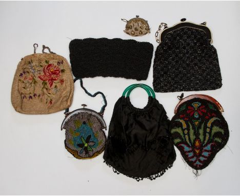 A Multi-Coloured decorated 1920s bag (no handle), A Late 1940 oblong bag in a scrolled design of beads metal zip. A hand embr