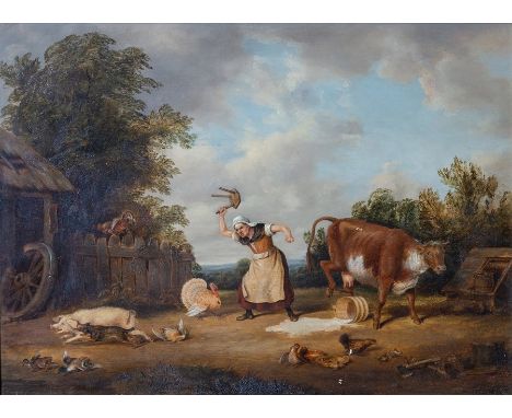 Belgian School, The Angry Milkmaid, oil on panel, 32 by 44cm, gilt frame&nbsp;