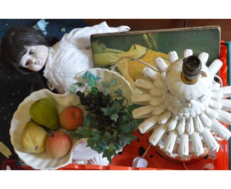 A collection of assorted items including basket, dispenser, ceramic trays, opera glasses, lamp, centrepiece, shell boxes, por