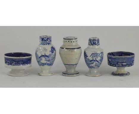 A collection of early nineteenth century blue and white transfer printed wares, circa 1820-40. Included: Two Willow pattern p