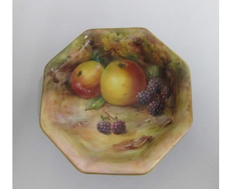 A Royal Worcester Small Octagonal Dish, The inside painted with Fruit and Signed by Flexman. The exterior is powder blue.Date