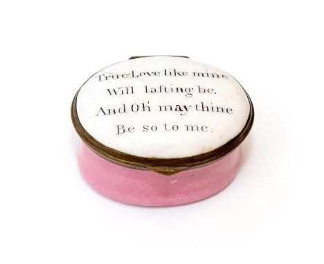 A George III Bilston oval enamel patch box, circa 1790, the lid with motto 'True Love like Mine will Lasting be, and oh May T