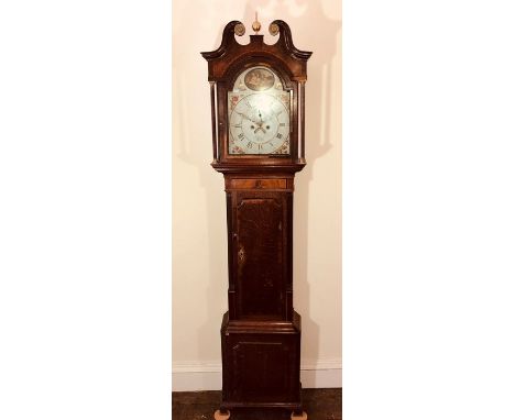 A George III oak and mahogany longcase 8 day clock by J Holliwell of Derby, globe finial on swan neck pediment hood, arch top