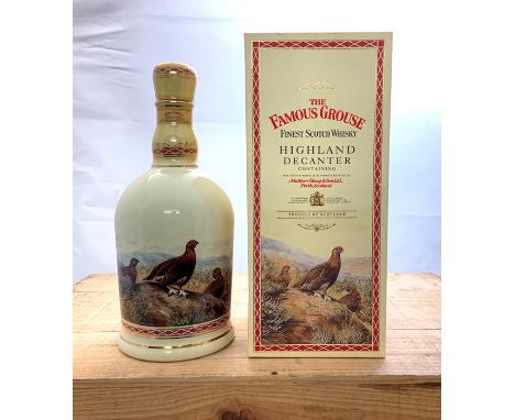 A bottle of Famous Grouse Scotch Blended Whisky in The Famous Grouse Highland Decanter by Wade.Region: ScotlandBottle Size: 7